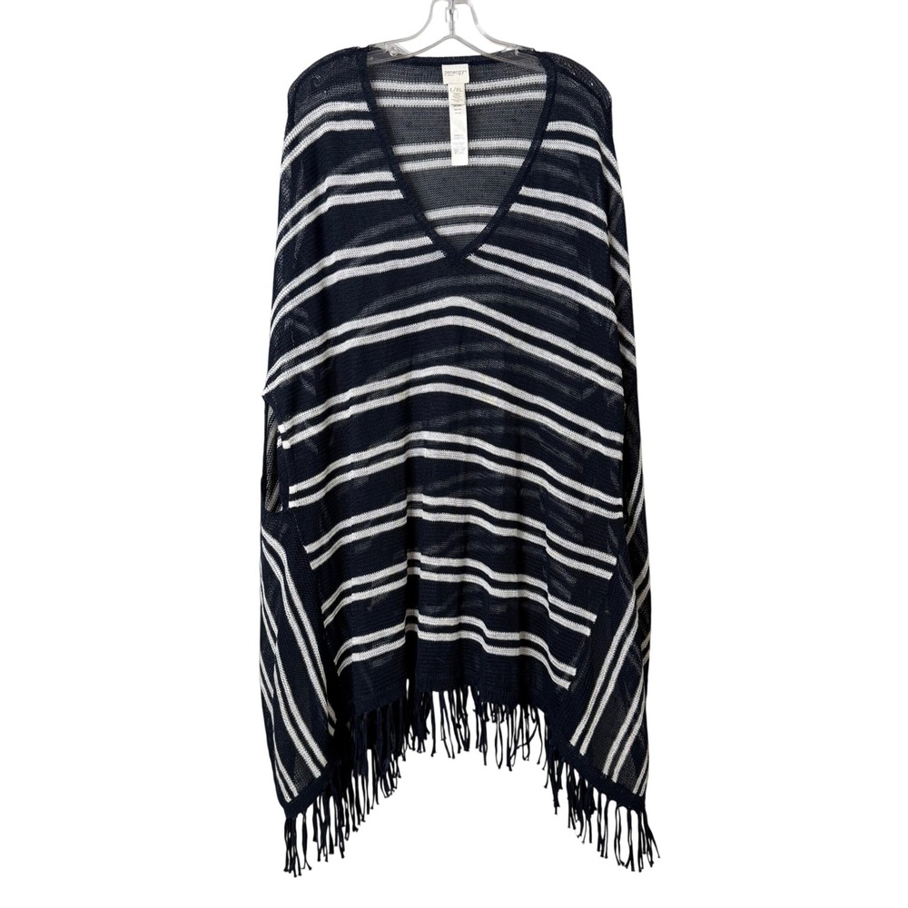 Zenergy Chico's Poncho Women L/XL Navy Blue Striped Linen Fringe Wrap V Neck